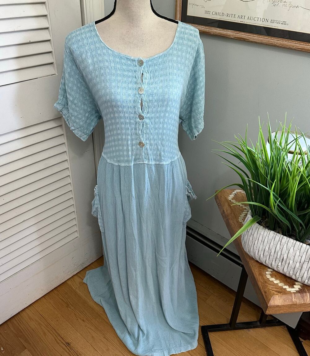 Focus Dress Womens XL Blue Textured Maxi Tie Back Retro 90s Lagenlook Boho Chic